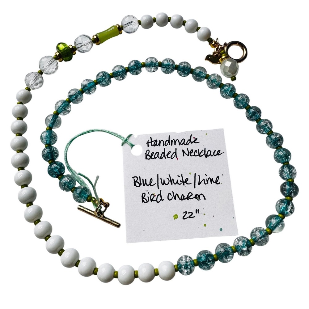 Handmade Beaded Necklace Women 22" Blue White Lime Bird Charm Toggle